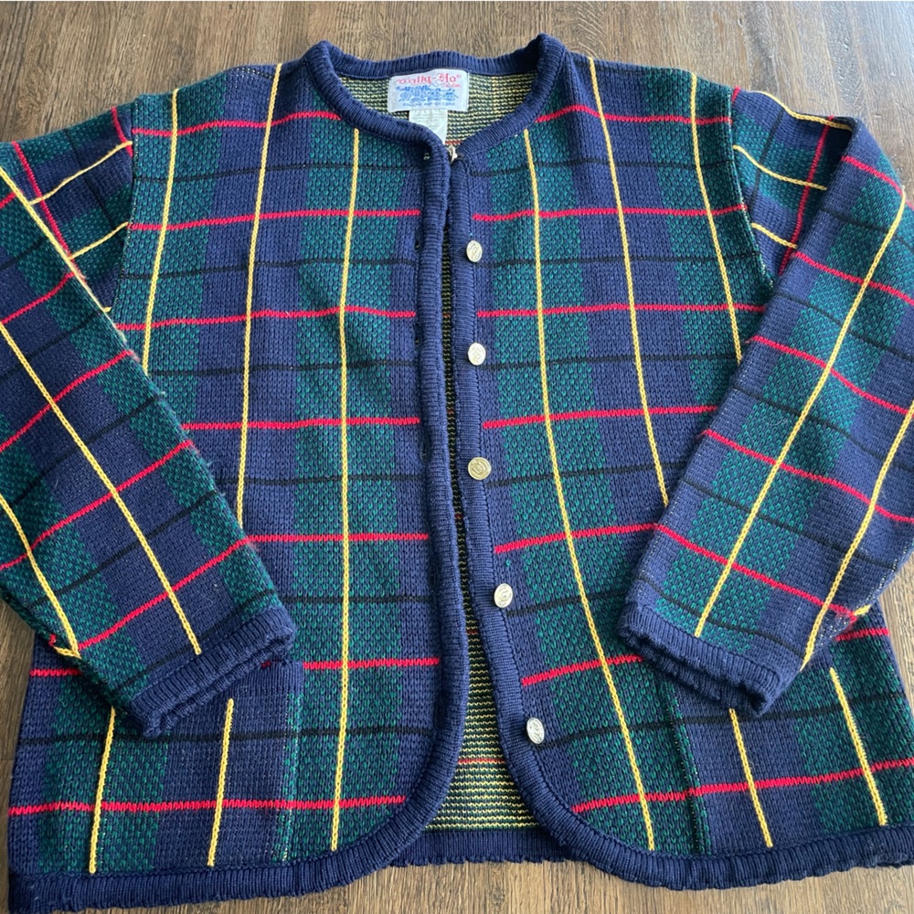 Vintage Tally-Ho Plaid Cardigan Classic English - size L
